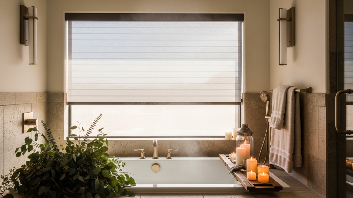Privacy shades in luxury Las Vegas spa bathroom