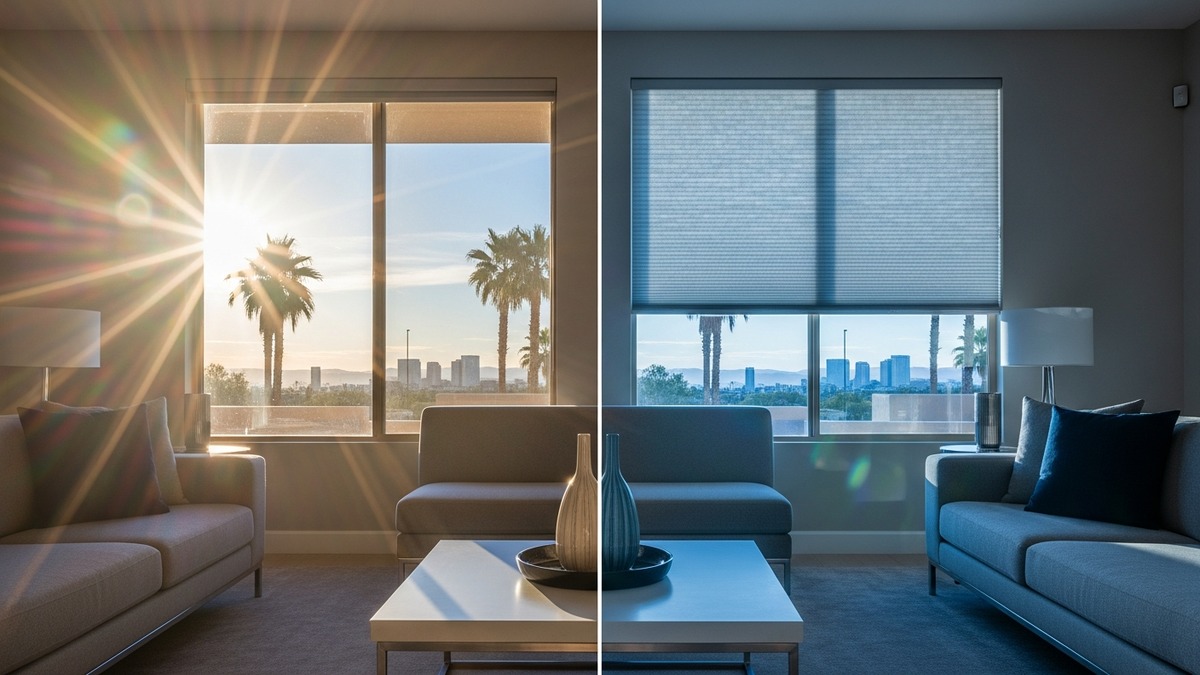 Energy efficient cellular shades blocking Las Vegas heat
