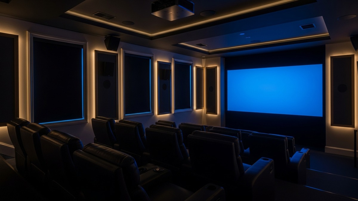 Motorized blackout shades in Las Vegas luxury home theater
