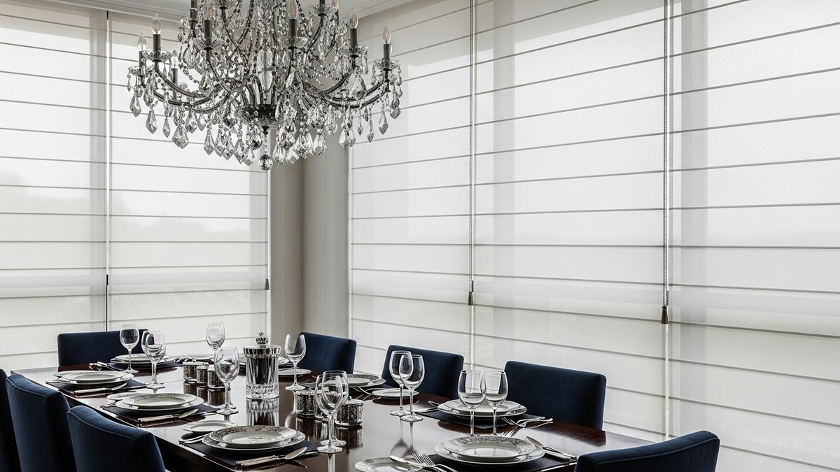 Motorized sheer shades in luxury dining room with crystal chandelier