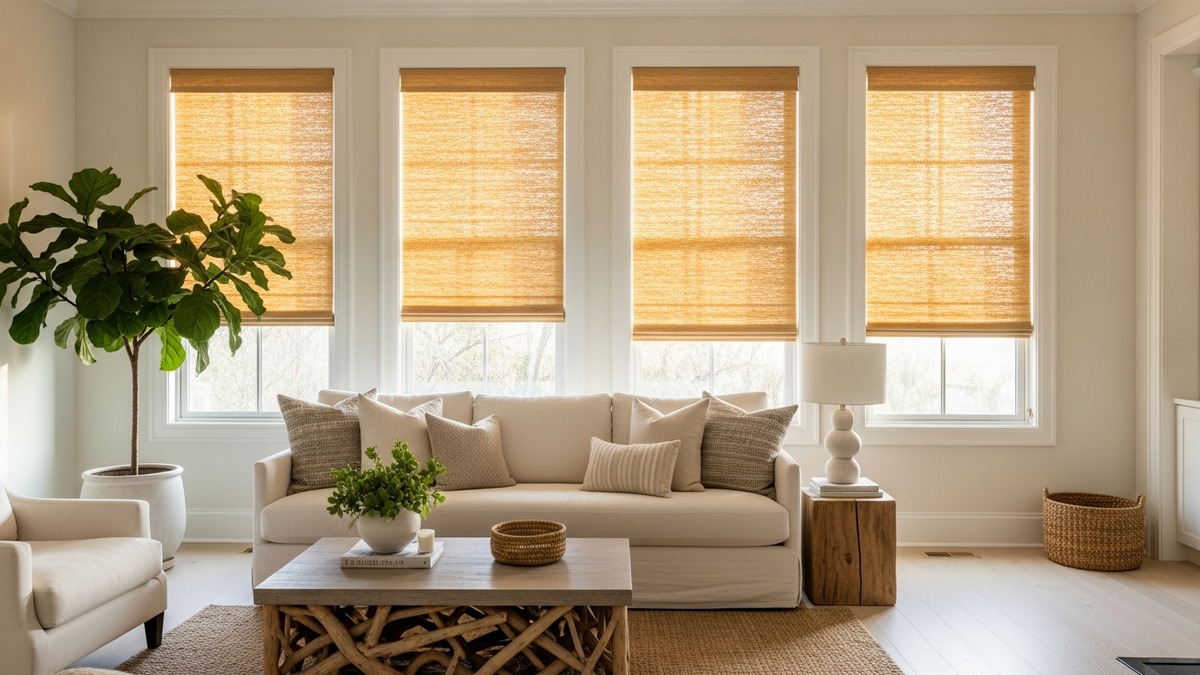 Elegant motorized woven fabric shades in luxury living room