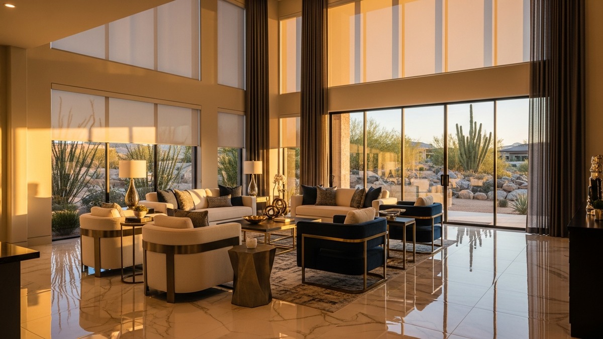 Motorized sheer shades in luxury Las Vegas great room with 20-foot ceilings