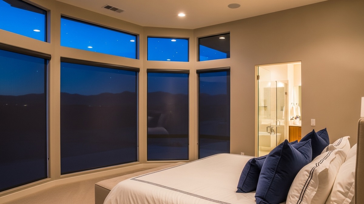 Blackout shades in luxury Las Vegas master bedroom suite