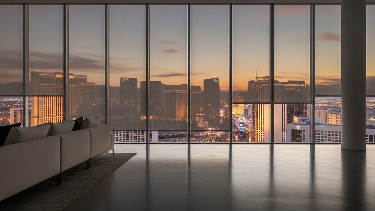 Las Vegas penthouse with motorized solar shades and strip skyline views