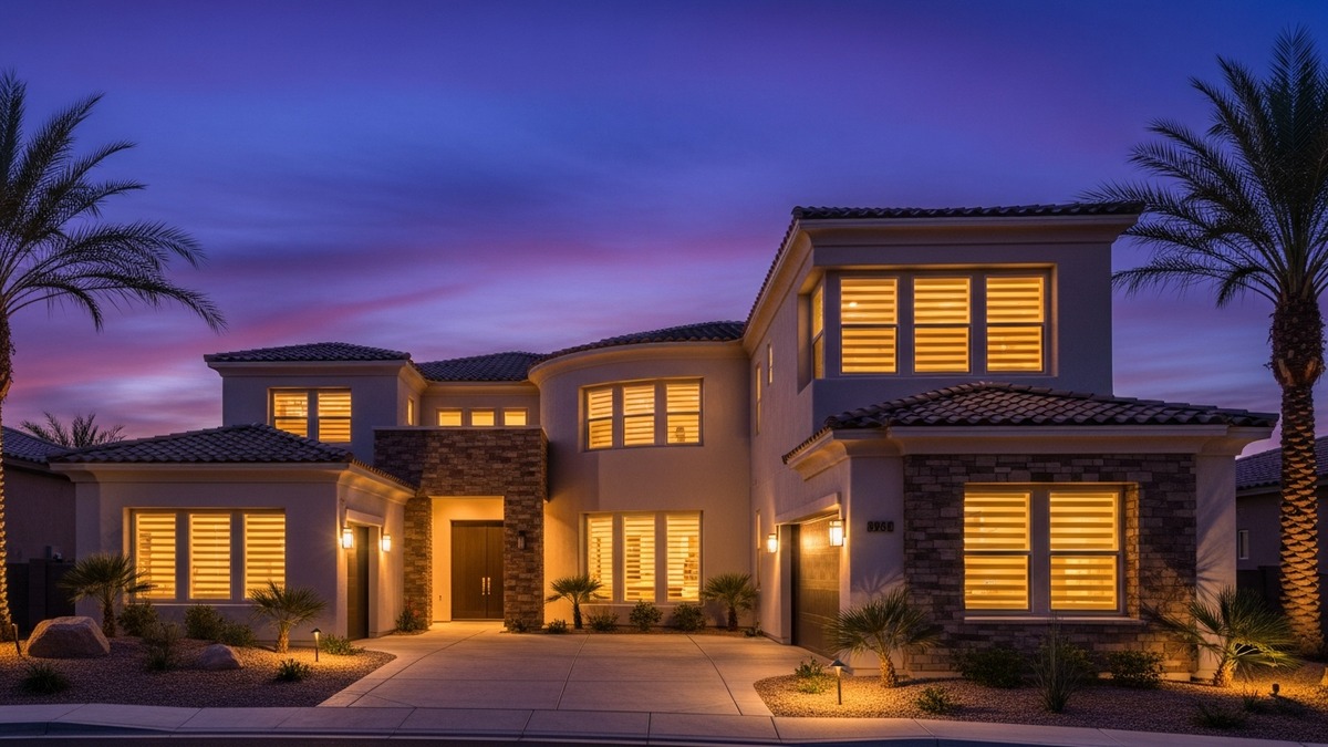 Las Vegas luxury home at twilight with coordinated motorized shades